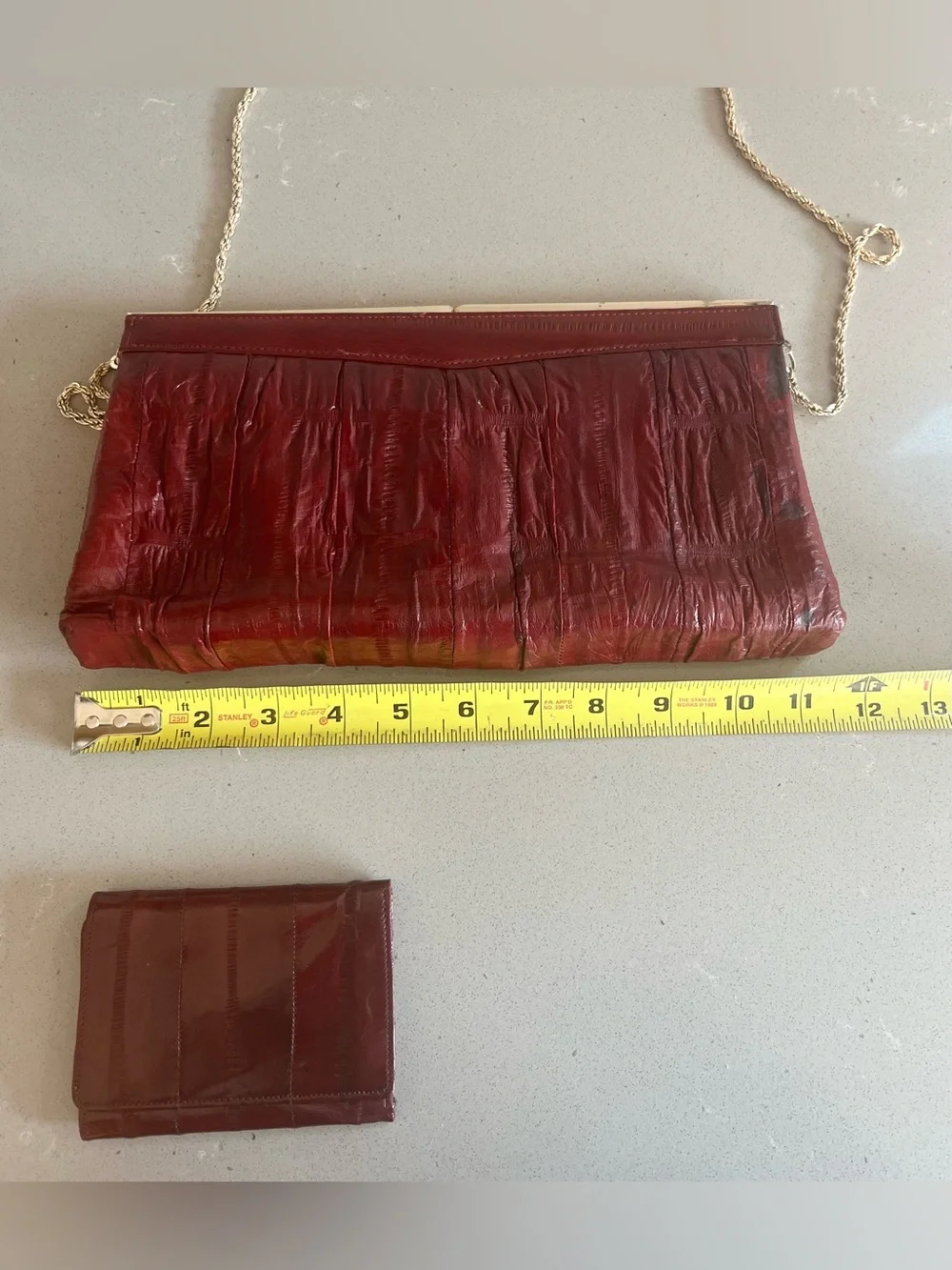 Vintage Genuine Eel Skin Clutch Cocktail Purse Chain Strap Wallet Burgundy Korea
